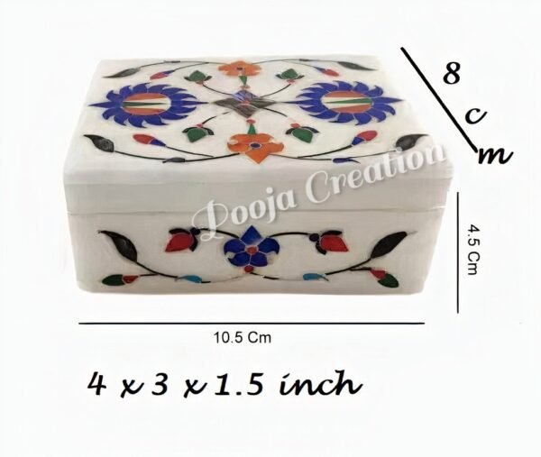 White Italian Marble Box – Stone Box – Pooja accessory - Hand Crafted box - Multi Purpose Use & Perfect Gifts for Women and Girls - jewelry box – Inlay work box- floral motifs - 5 inch - Image 4