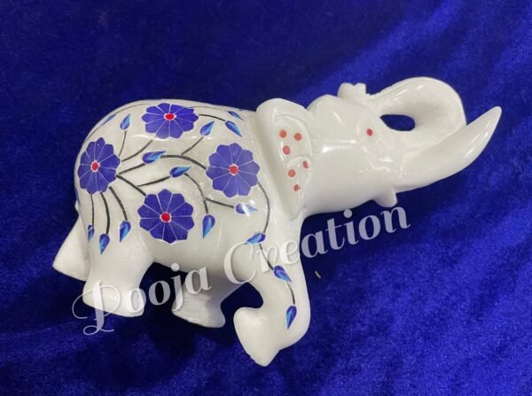 Marble Statue Elegant Elephant Gemstone Inlay Work Collectible Showpiece Gift Item 5 inch - Image 6