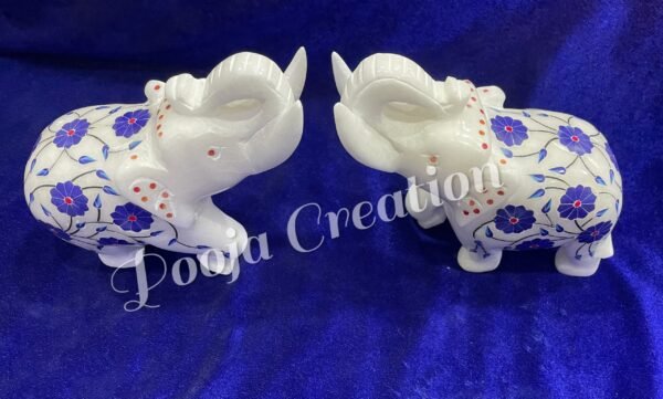 Marble Statue Elegant Elephant Gemstone Inlay Work Collectible Showpiece Gift Item 5 inch - Image 4