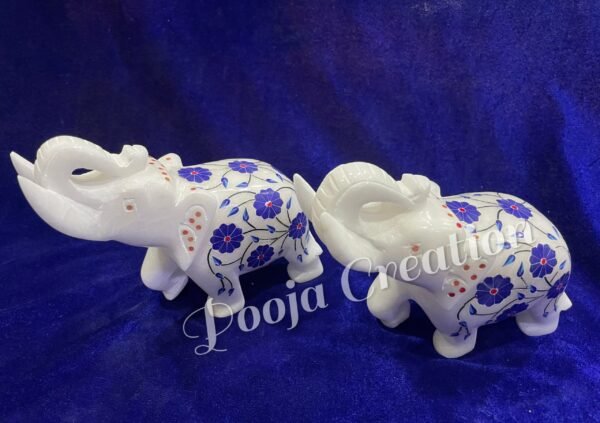 Marble Statue Elegant Elephant Gemstone Inlay Work Collectible Showpiece Gift Item 5 inch - Image 3