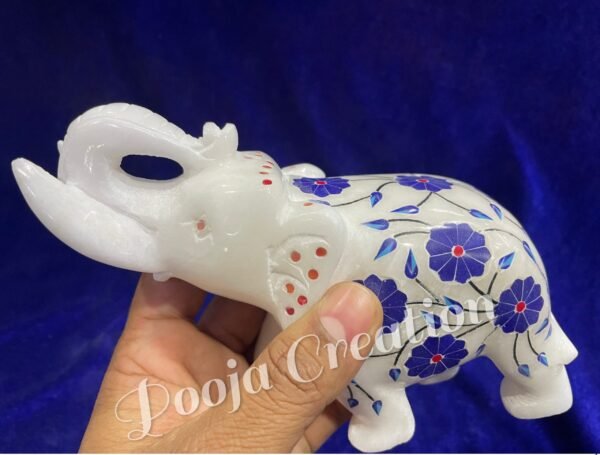 Marble Statue Elegant Elephant Gemstone Inlay Work Collectible Showpiece Gift Item 5 inch - Image 2
