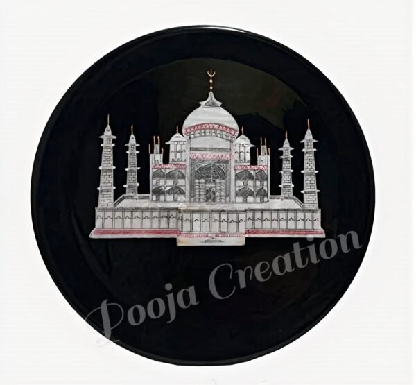 Black Marble Handicraft Taj Mahal Décor Showpiece Stone Inlay Plate for Home & wall Decor and Gifting - 9 inch - Image 2