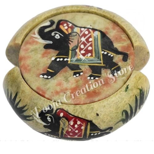 Soapstone Handicrafts Round Shape Elephant Painting Tea Coaster Set  of 6 Plates