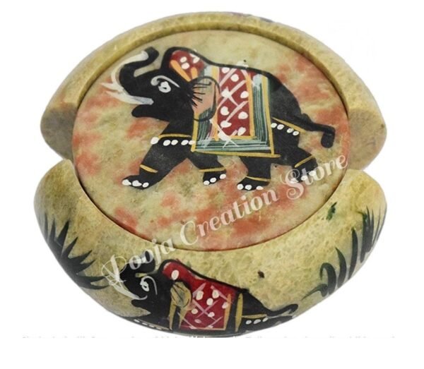 Soapstone Handicrafts Round Shape Elephant Painting Tea Coaster Set  of 6 Plates