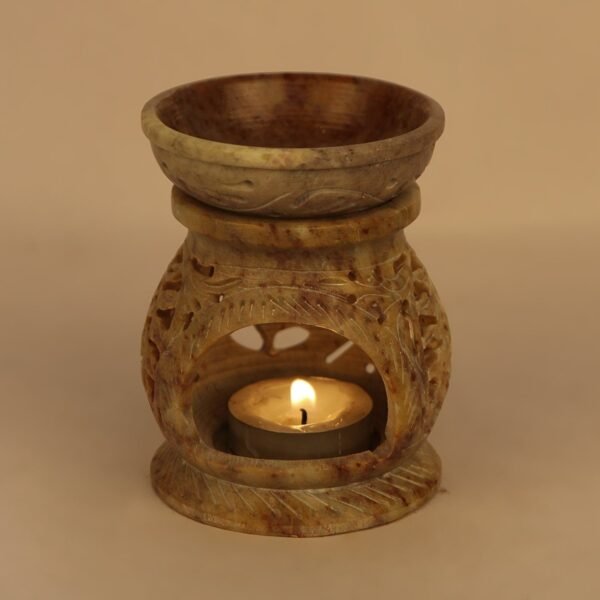 Soapstone Floral Carving Aroma Oil Burner Tea Light Holder Oil Diffuser's - 3.5 inch - Image 6