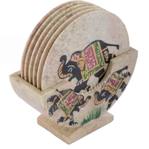 White Soapstone Marble Handicrafts Elephants Painting Tea Coaster Set With Holder Set Of 6 Plates.