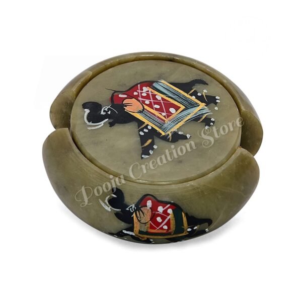 Soapstone Handicrafts Round Shape Elephant Painting Tea Coaster Set  of 6 Plates - Image 2