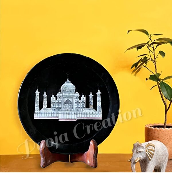 Black Marble Handicraft Taj Mahal Décor Showpiece Stone Inlay Plate for Home & wall Decor and Gifting - 9 inch - Image 6