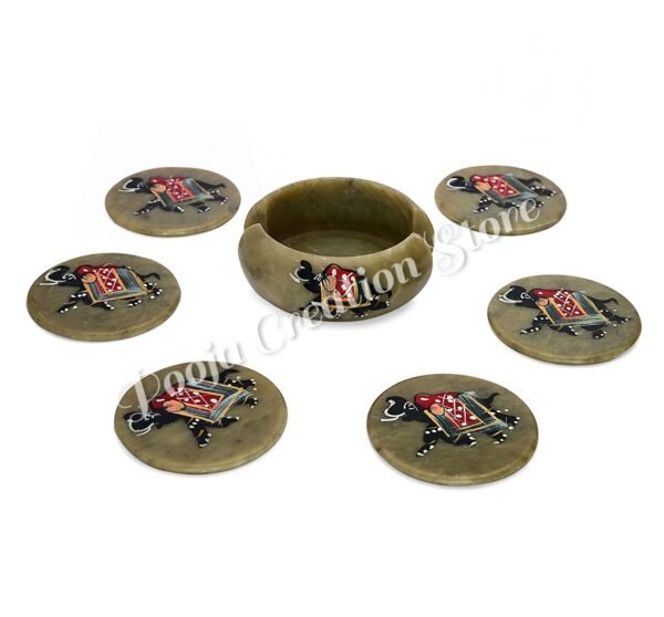 Soapstone Handicrafts Round Shape Elephant Painting Tea Coaster Set  of 6 Plates - Image 3