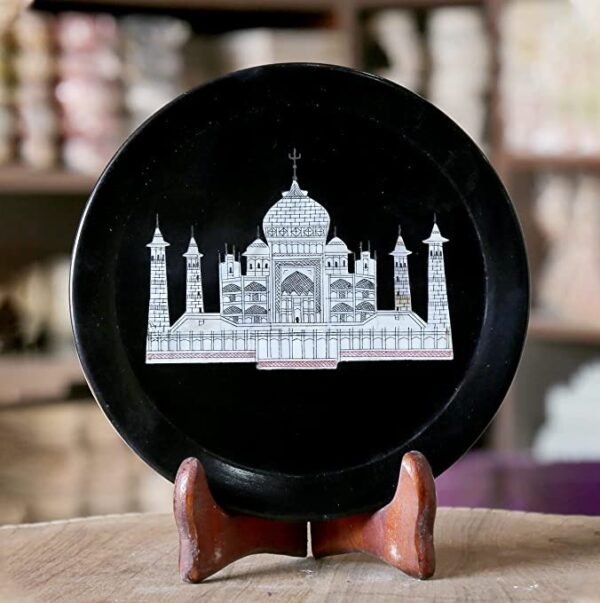 Black Marble Handicraft Taj Mahal Décor Showpiece Stone Inlay Plate for Home & wall Decor and Gifting - 9 inch