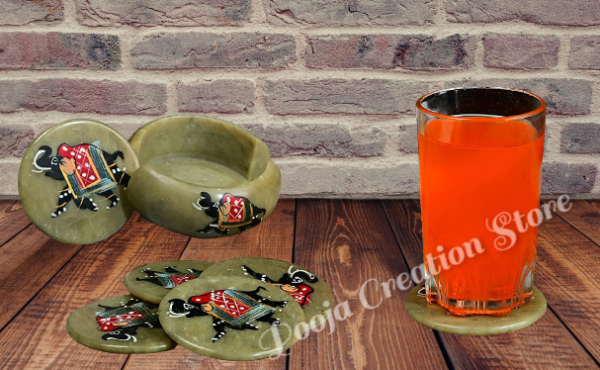 Soapstone Handicrafts Round Shape Elephant Painting Tea Coaster Set  of 6 Plates - Image 4