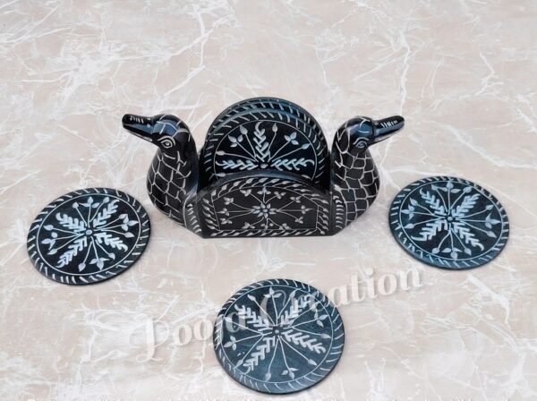 black soapstone marble coaster set in Duck Face ll Handmade Flower pattern Soapstone Tea and Coffee Coaster - Image 6