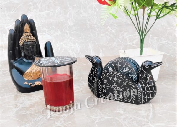 black soapstone marble coaster set in Duck Face ll Handmade Flower pattern Soapstone Tea and Coffee Coaster - Image 4