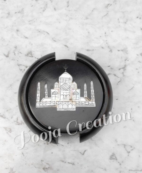 Marble Coasters with Stand Hand Carved Taj Mahal Inlay Work Home Decorative Handicraft Gift 6 Pcs Set - Image 7