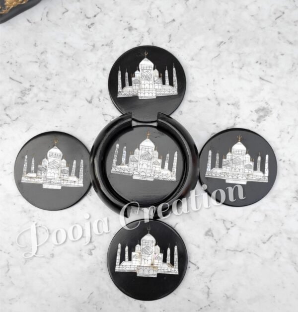 Marble Coasters with Stand Hand Carved Taj Mahal Inlay Work Home Decorative Handicraft Gift 6 Pcs Set - Image 6