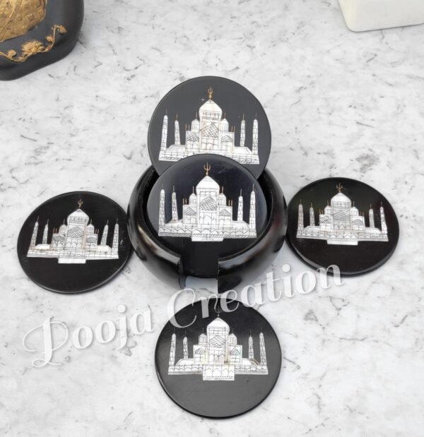 Marble Coasters with Stand Hand Carved Taj Mahal Inlay Work Home Decorative Handicraft Gift 6 Pcs Set - Image 5