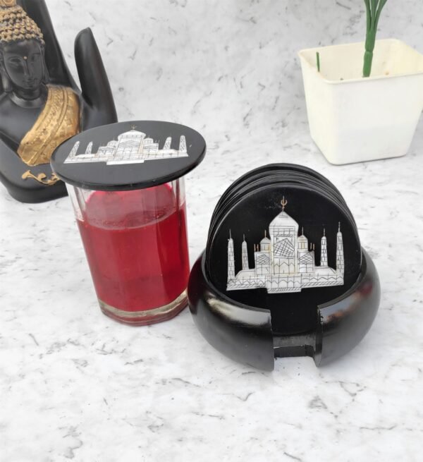 Marble Coasters with Stand Hand Carved Taj Mahal Inlay Work Home Decorative Handicraft Gift 6 Pcs Set - Image 4