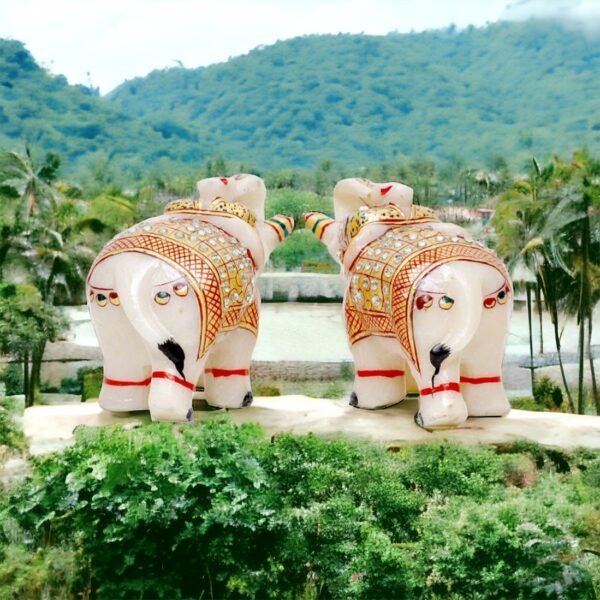 Marble Decorative Elephant Statue for Home Decor Showpiece Elephants Pair with Beautiful Golden Work- 2x3 inch size - Image 2