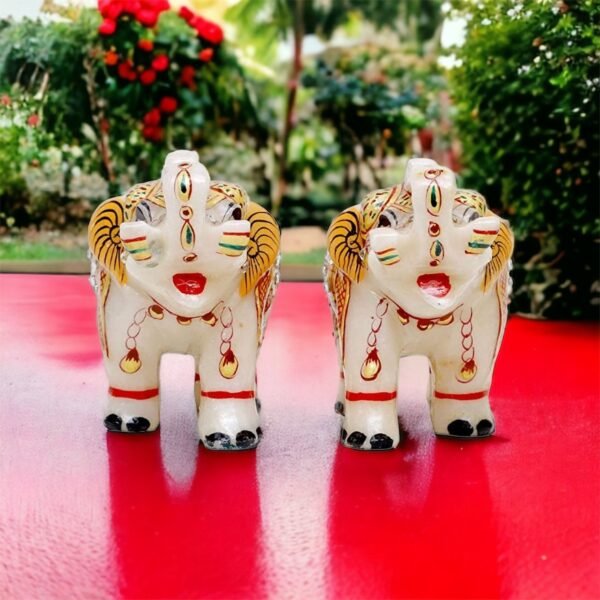 Marble Decorative Elephant Statue for Home Decor Showpiece Elephants Pair with Beautiful Golden Work- 2x3 inch size - Image 3