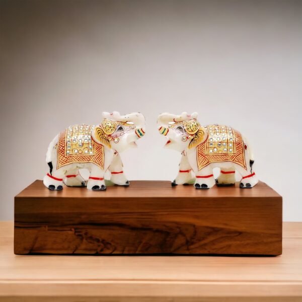 Marble Decorative Elephant Statue for Home Decor Showpiece Elephants Pair with Beautiful Golden Work- 2x3 inch size - Image 5