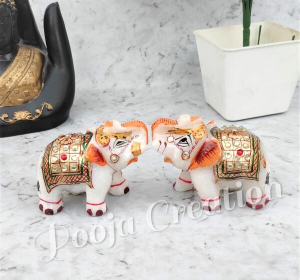 Marble Decorative Elephant Statue for Home Decor Showpiece Elephants Pair with Beautiful Golden Work- 2x3 inch size - Image 4