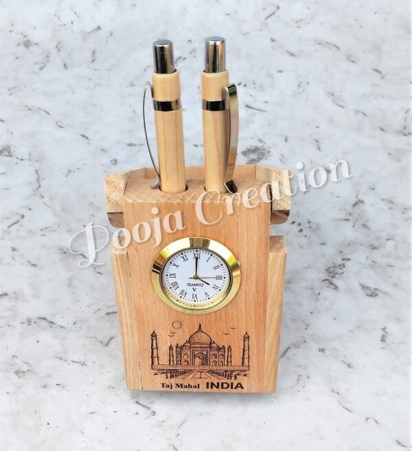 Indian Taj Mahal traditionally  Wooden Handmade Pen Stand with Clock For Office Table Decor & Gift Item. - Image 5