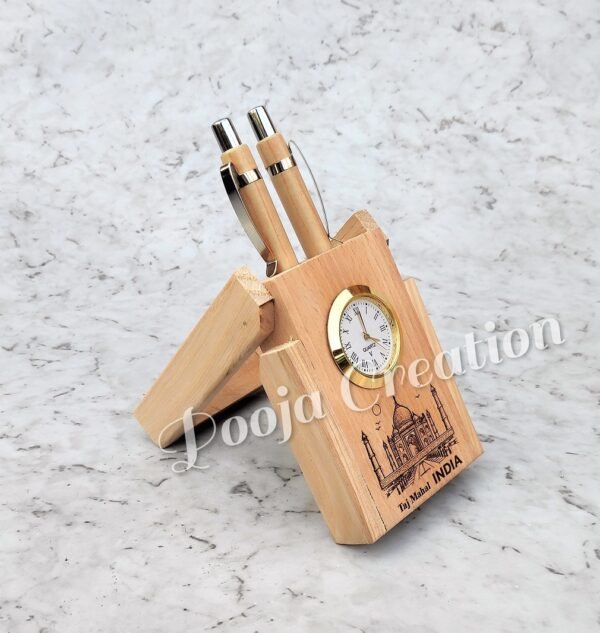Indian Taj Mahal traditionally  Wooden Handmade Pen Stand with Clock For Office Table Decor & Gift Item. - Image 6