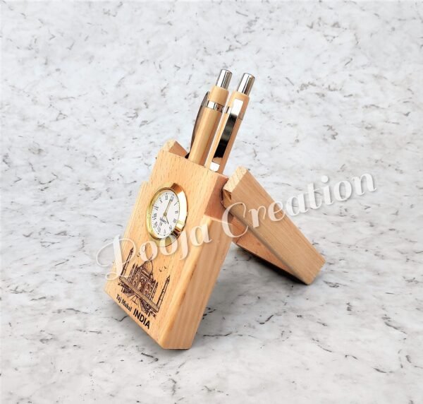 Indian Taj Mahal traditionally  Wooden Handmade Pen Stand with Clock For Office Table Decor & Gift Item. - Image 2