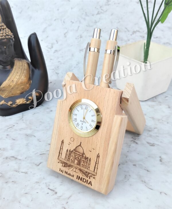 Indian Taj Mahal traditionally  Wooden Handmade Pen Stand with Clock For Office Table Decor & Gift Item.