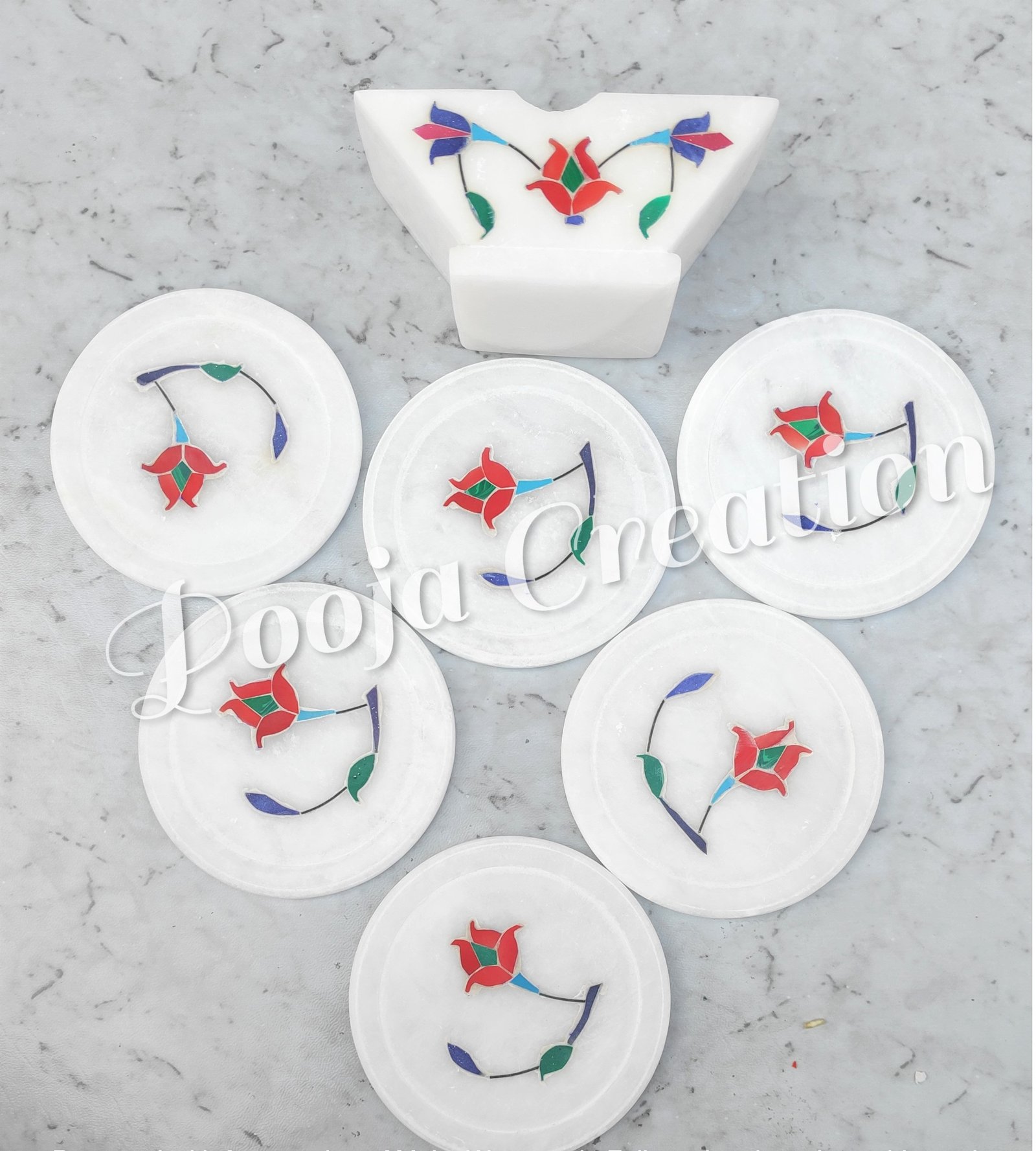 White Marble Inlay Crystal Coaster Set | Set of selling 6 Tea Coasters | Gift Kitchen Show Coasters |Taj Marble Tea Coasters | Gift Crystal Coasters