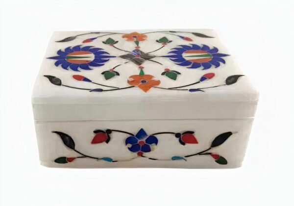 White Italian Marble Box – Stone Box – Pooja accessory - Hand Crafted box - Multi Purpose Use & Perfect Gifts for Women and Girls - jewelry box – Inlay work box- floral motifs - 5 inch