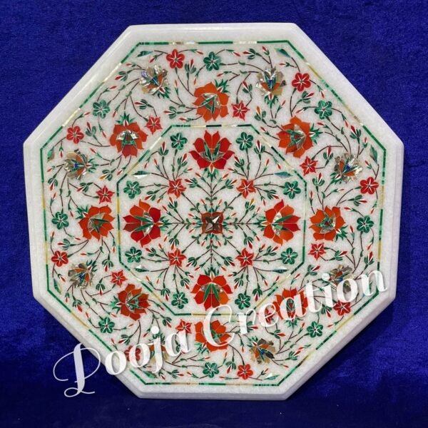 WHite Marble Handicrafts Coffee Corner Side Table Top with Pietre Dura Artwork Red Inlay Work 15" Inches Diameter