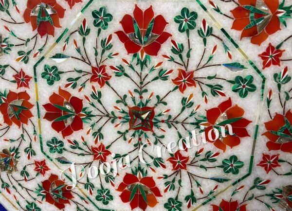 WHite Marble Handicrafts Coffee Corner Side Table Top with Pietre Dura Artwork Red Inlay Work 15" Inches Diameter - Image 5