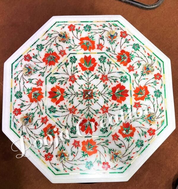 WHite Marble Handicrafts Coffee Corner Side Table Top with Pietre Dura Artwork Red Inlay Work 15" Inches Diameter - Image 3