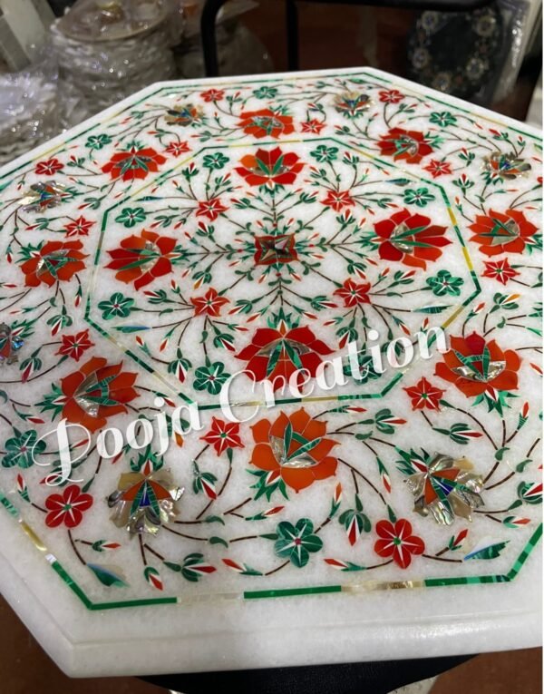 WHite Marble Handicrafts Coffee Corner Side Table Top with Pietre Dura Artwork Red Inlay Work 15" Inches Diameter - Image 2