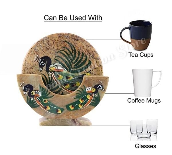 Soapstone Marble Handicrafts Lucky Peacock Bird Painting Tea Coaster Set With Holder Set Of 6 Plates. - Image 7