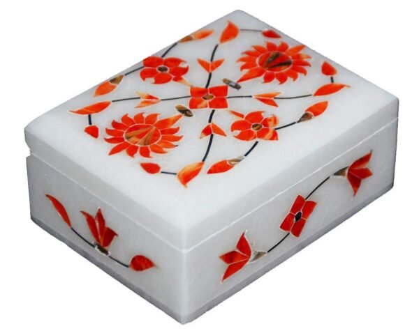 White Italian Marble Box – Stone Box – Pooja accessory - Hand Crafted box - Multi Purpose Use & Perfect Gifts for Women and Girls - jewelry box – Floral Inlay work box
