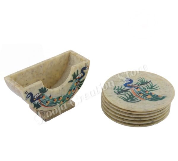 Soapstone Marble Handicrafts Lucky Peacock Bird Painting Tea Coaster Set With Holder Set Of 6 Plates. - Image 6