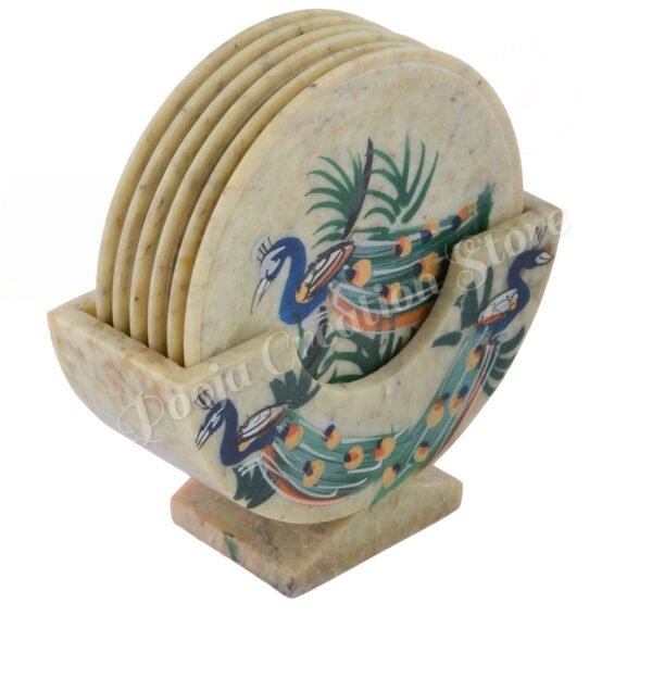 Soapstone Marble Handicrafts Lucky Peacock Bird Painting Tea Coaster Set With Holder Set Of 6 Plates. - Image 8