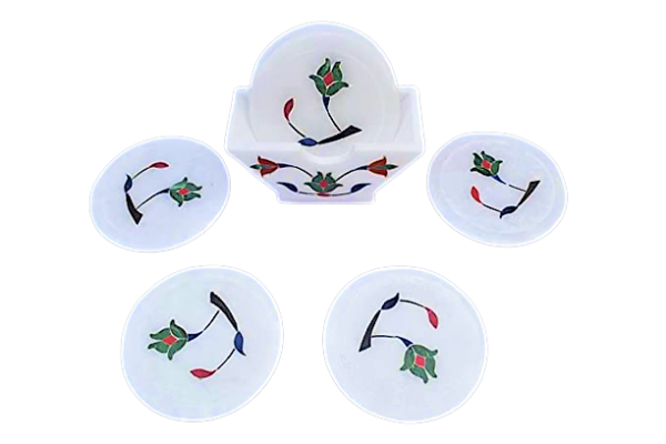 White Marble Tea  CoaSTER Set In Green Inlay Work for Table & Home Decorative Handicrafts Items - Image 6