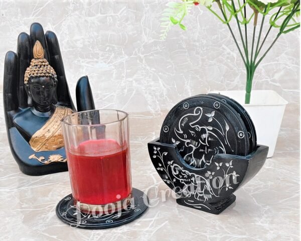 Handcraft Soapstone Coasters Set with Stand Perfect for Hot & Cold Drinks Dining, Cocktail & Coffee Table Black Color - Image 2