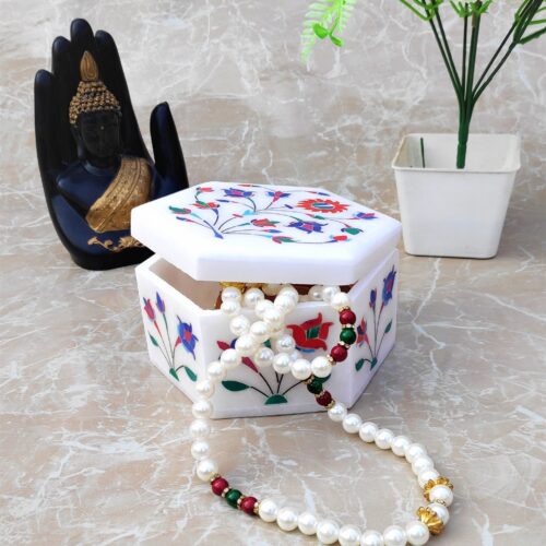 Handicraft White Marble with floral inlay work Trinket Jewelry Box for Multi Purpose Use and Perfect Gift for Women and Girls Christmas Gift – 5 inch