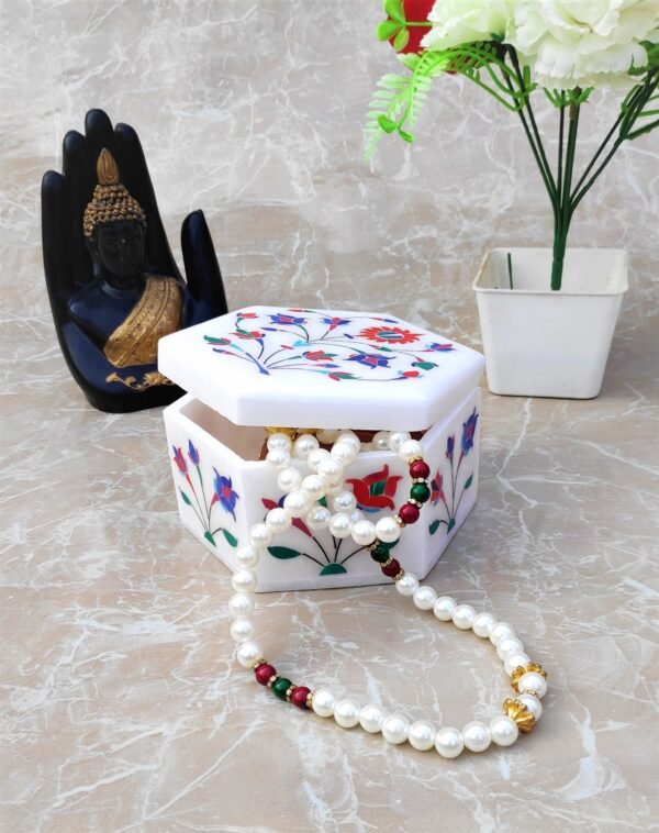Handicraft White Marble with floral inlay work Trinket Jewelry Box for Multi Purpose Use and Perfect Gift for Women and Girls Christmas Gift - 5 inch