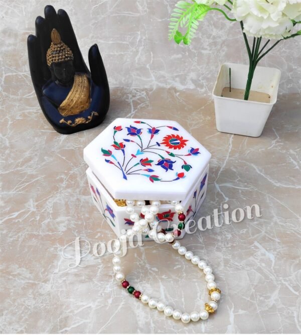 Handicraft White Marble with floral inlay work Trinket Jewelry Box for Multi Purpose Use and Perfect Gift for Women and Girls Christmas Gift - 5 inch - Image 5