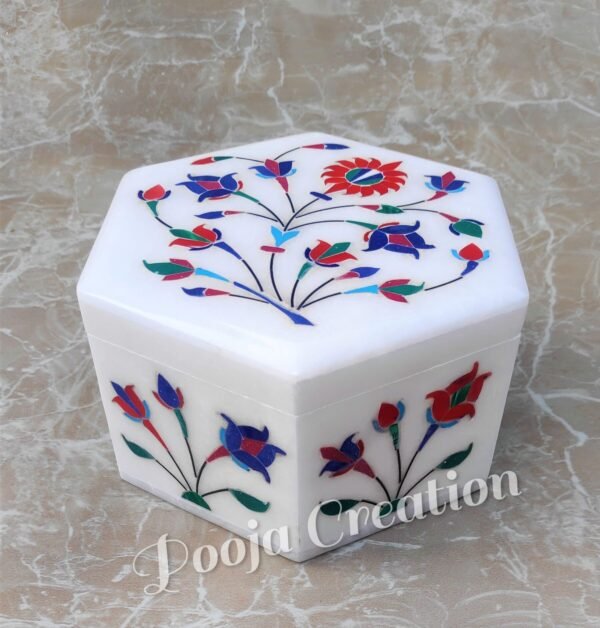 Handicraft White Marble with floral inlay work Trinket Jewelry Box for Multi Purpose Use and Perfect Gift for Women and Girls Christmas Gift - 5 inch - Image 2
