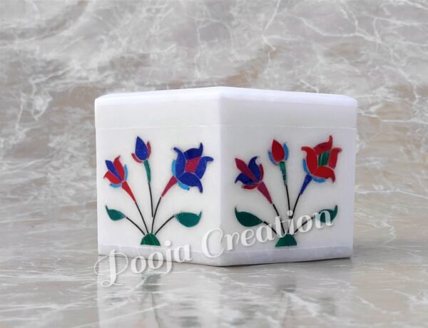 Handicraft White Marble with floral inlay work Trinket Jewelry Box for Multi Purpose Use and Perfect Gift for Women and Girls Christmas Gift - 5 inch - Image 3
