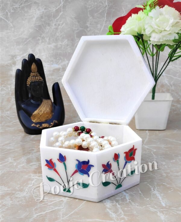 Handicraft White Marble with floral inlay work Trinket Jewelry Box for Multi Purpose Use and Perfect Gift for Women and Girls Christmas Gift - 5 inch - Image 4