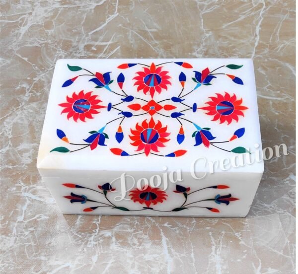White Marble Floral inlay Work Jewellery Box for Multi Purpose Use and Perfect Gift Item for Women and Girls - Image 5