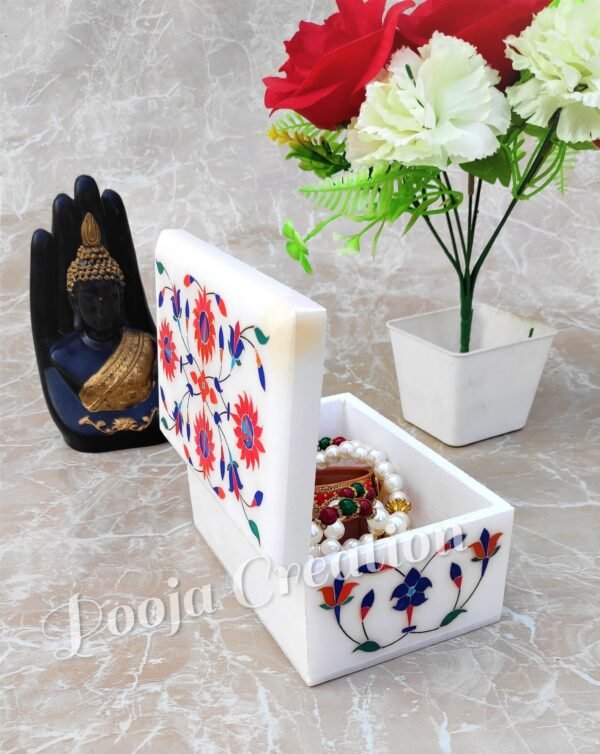 White Marble Floral inlay Work Jewellery Box for Multi Purpose Use and Perfect Gift Item for Women and Girls - Image 4