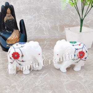 Handcarved White Marble Elephant Pair Floral Inlay Work Best Item for Home Decor and Gifting Size 3 inch